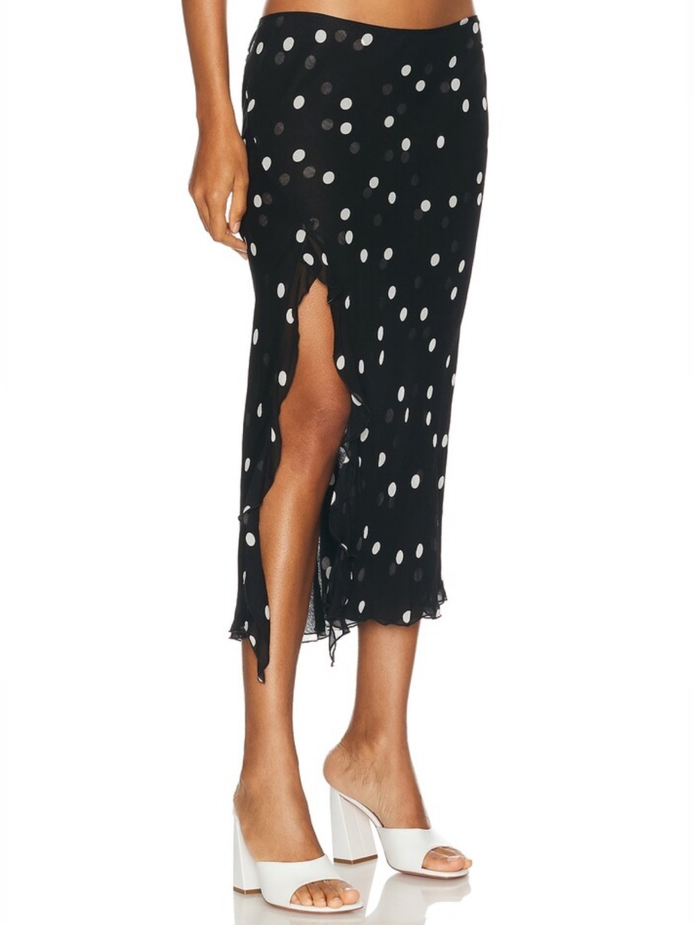 PRISCAVERA Ruffled High Slit Skirt in Black and White Polka Dot - Picture 2 of 9